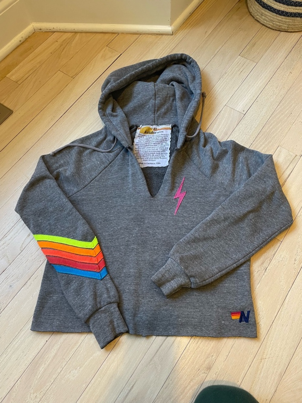 Aviator Nation Gray Hoodie with Rainbow Stripe Sleeve and Pink Lightning Bolt